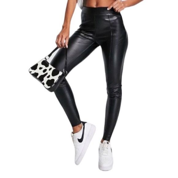 TOPSHOP Black Faux Leather Leggings Size 6 - Picture 1 of 9